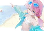  1girl ahoge aqua_jacket ball bare_shoulders beach beachball bikini blue-tinted_eyewear blue_archive blue_eyes blue_jacket blush breasts collarbone eyewear_on_head fang frilled_bikini frills hair_between_eyes hair_bobbles hair_ornament halftone halftone_background halo heterochromia highres hoshino_(blue_archive) hoshino_(swimsuit)_(blue_archive) jacket long_hair long_sleeves looking_at_viewer low_twintails monemasu navel ocean off_shoulder official_alternate_costume open_clothes open_jacket open_mouth outdoors outstretched_arms pink_hair pink_halo pointing puffy_long_sleeves puffy_sleeves sand small_breasts smile solo starfish sunglasses swimsuit tinted_eyewear twintails upper_body water white-framed_eyewear white_bikini yellow_eyes 
