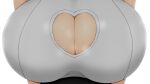  1girl breast_focus breasts cleavage cleavage_cutout close-up clothing_cutout heart_cutout highres hisatake_itake huge_breasts original shiny shiny_skin shirt simple_background solo sweat upper_body white_background white_shirt 