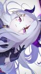  1girl ahoge belt black_coat black_gloves blood blood_on_face blue_archive closed_mouth coat coat_on_shoulders demon_girl demon_horns forehead fur-trimmed_coat fur_trim gloves hair_ornament hairclip halo hand_up highres hina_(blue_archive) horns long_hair long_sleeves looking_at_viewer military military_uniform monemasu multiple_horns parted_bangs portrait purple_eyes sam_browne_belt sidelocks sideways simple_background solo wavy_hair white_background white_hair 