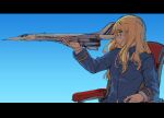  1girl absurdres aircraft airplane blonde_hair chair concorde eyebrows_visible_through_hair flying glasses highres long_hair perrine_h._clostermann pondo_(peng-model) profile sky solo strike_witches uniform world_witches_series yellow_eyes 