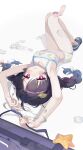  1girl ahoge armpits arms_up bag bare_legs barefoot bikini black_hair blue_archive blush braid breasts bright_pupils closed_mouth collarbone coral crocs feet footprints full_body halo highres holding knees_up leaf leaf_on_head leaf_print legs long_hair looking_at_viewer lying miyu_(blue_archive) miyu_(swimsuit)_(blue_archive) monemasu official_alternate_costume on_back print_bikini red_eyes sandals shoes simple_background single_shoe small_breasts solo starfish swimsuit toes twin_braids twintails upside-down weapon_case white_background white_bikini white_pupils 