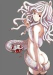  1girl ass bakemonogatari black_legwear commentary_request fangs kuronuko_neero long_hair looking_at_viewer looking_back monogatari_(series) monster_girl nude red_eyes sengoku_nadeko simple_background snake snake_hair solo thighhighs white_theme 