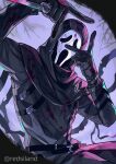  1boy akagi_(redsiland) arms_up artist_name belt black_gloves black_hoodie blood blood_on_clothes blood_on_knife commentary_request dead_by_daylight double_v ghostface gloves highres holding holding_knife hood hoodie knife mask scream_(movie) the_legion_(dead_by_daylight) v weapon 