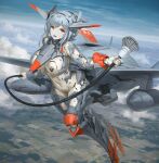  1girl ace_combat bangs breasts cable cloud flying grey_hair head_tilt highres holding large_breasts looking_at_viewer mecha mecha_musume mechanization metal_skin mq-25_stingray open_mouth orange_eyes sky smile solo tom-neko_(zamudo_akiyuki) 