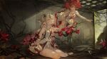  2girls asymmetrical_clothes black_eyes black_flower blake_bloom_(wuthering_waves) breasts camellya_(wuthering_waves) collar commentary dual_persona earrings ergouzi_echo flower flower_on_chest gold_earrings hair_between_eyes hair_flower hair_ornament hair_vines highres jewelry looking_at_another multiple_girls official_alternate_eye_color official_alternate_hair_color open_mouth pants parted_lips red_eyes red_hair red_pupils short_hair sideless_dress single_pantsleg sitting small_breasts smile tacet_mark_(wuthering_waves) white_collar white_hair white_pants wuthering_waves 