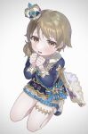  1girl bare_legs blue_shirt blush brown_eyes clenched_hands cloak crown earrings from_above full_body fur_trim hands_up highres idolmaster idolmaster_cinderella_girls jewelry kneeling light_brown_hair long_sleeves looking_at_viewer mini_crown monemasu morikubo_nono open_mouth own_hands_together sash shirt shorts side_ponytail simple_background solo thigh_strap thighlet white_background white_footwear white_shorts 