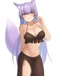  1girl animal_ears bangs blush breasts cleavage colored_inner_hair fox_ears fox_girl fox_tail hair_between_eyes highres light_blue_hair light_purple_hair long_hair looking_at_viewer medium_breasts multicolored_hair narodenden original simple_background smile solo swimsuit tail white_background yellow_eyes 