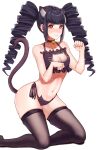  1girl absurdres animal_ears avatar_(ffxiv) bare_arms bare_shoulders bell black_bra black_hair black_panties blush bra breasts bright_pupils brown_legwear cat_cutout cat_ears cat_lingerie cat_tail choker cleavage closed_mouth clothing_cutout commission cozyu drill_hair embarrassed final_fantasy final_fantasy_xiv highres hyur jingle_bell kneeling looking_at_viewer meme_attire navel neck_bell panties paw_pose red_eyes side-tie_panties simple_background skindentation small_breasts solo tail tail_raised thighhighs twin_drills underwear white_background white_pupils 
