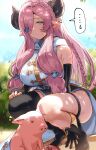 1girl absurdres animal_ears black_footwear black_gloves black_horns boots braid breasts commentary_request draph gloves granblue_fantasy hair_over_one_eye highres horns large_breasts leg_garter long_hair looking_at_viewer narmaya_(granblue_fantasy) oh_(aung_ae) pink_hair pointy_ears pork single_thighhigh solo squatting sweatdrop thighhighs thighs 