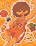  1boy arm_up ball basketball_(object) blush bottle brown_hair cactus character_name closed_eyes collarbone dark-skinned_male dark_skin dog flower_pot happy_birthday hector_(omori) highres kel_(faraway)_(omori) kel_(omori) male_focus mewowem_omo navel omori open_mouth orange_shorts short_hair shorts smile solo 