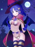  1girl alternate_costume bangs bat bat_wings bikini blue_gloves blue_hair blush breasts cape cowboy_shot eyebrows_visible_through_hair fire_emblem fire_emblem:_new_mystery_of_the_emblem full_moon gloves hair_ornament halloween hat highres kris_(fire_emblem) long_hair looking_at_viewer mikoko1 moon navel night night_sky open_mouth ponytail ribbon sky smile solo swimsuit thighhighs wings 