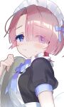  1girl alternate_costume apron arimura_mao black_dress blue_bow blue_bowtie blue_eyes blue_ribbon blush bow bowtie closed_mouth dress enmaided eyes_visible_through_hair frilled_apron frills from_side gakuen_idolmaster hair_over_one_eye highres holding holding_tray idolmaster looking_at_viewer maid maid_apron maid_headdress monemasu pink_hair puffy_short_sleeves puffy_sleeves ribbon short_hair short_sleeves simple_background solo sweatdrop tray upper_body white_apron white_background 