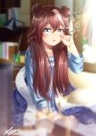  1girl animal_ears aqua_shirt arm_up bangs blue_eyes blurry blurry_background blurry_foreground blush book brown_hair bubble commentary_request dated ears_down hair_between_eyes highres horse_ears horse_girl indoors lamp light_brown_hair long_hair long_sleeves looking_at_viewer loungewear parted_lips shirt signature sleeve_cuffs solo takaokasho tokai_teio_(umamusume) umamusume upper_body waking_up 