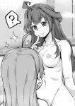  2girls ? ahoge bathroom blush braid braided_bun breasts closed_mouth completely_nude double_bun female_pubic_hair greyscale heart-shaped_pubic_hair highres kantai_collection kongou_(kancolle) long_hair medium_breasts monochrome multiple_girls navel nipples nude open_mouth pubic_hair sado_(kancolle) smile surprised takasugi_heppu 