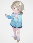  1girl badge blue_shirt blue_skirt blush brown_eyes button_badge closed_mouth drill_hair full_body grey_background highres idolmaster idolmaster_cinderella_girls kindergarten_uniform light_brown_hair long_sleeves looking_at_viewer medium_hair monemasu morikubo_nono name_tag pleated_skirt ringlets shirt shoes simple_background skirt skirt_tug socks solo standing tearing_up tears white_background white_socks 
