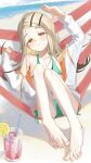  1girl aqua_bikini arm_up barefoot beach bikini blonde_hair blush closed_mouth collarbone cup day drink drinking_glass drinking_straw eyelashes feet flat_chest food forehead fruit gakuen_idolmaster hair_ornament hairclip halterneck hammock highres hood hoodie ice ice_cube idolmaster jacket knees_up legs lemon lemon_slice long_hair looking_at_viewer lying monemasu multicolored_hair ocean off_shoulder on_back open_clothes open_jacket orange_eyes outdoors parted_bangs shadow shinosawa_hiro side-tie_bikini_bottom sky smile solo spread_toes sweat sweatdrop swimsuit toenails toes tropical_drink white_jacket 
