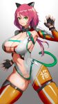  1girl animal_ears breasts commission commissioner_upload facial_tattoo gloves green_eyes highres hiragana_oufu leotard linmei_quan looking_at_viewer original red_hair scar scar_across_eye scar_on_face skeb_commission solo tail tattoo thigh_strap 