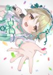  1girl aqua_bow aqua_choker aqua_dress blurry blush bow breasts brown_eyes brown_hair choker collarbone confetti dress earrings frilled_choker frilled_dress frilled_hairband frills green_bow green_hairband green_ribbon hairband highres holding holding_microphone idol idol_clothes idolmaster idolmaster_cinderella_girls jewelry light_brown_hair looking_at_viewer medium_hair microphone monemasu morikubo_nono open_hand open_mouth outstretched_arm outstretched_hand puffy_short_sleeves puffy_sleeves reaching reaching_towards_viewer ribbon short_sleeves sideways simple_background smile solo sweat sweatdrop upper_body wavy_mouth white_background wrist_cuffs 