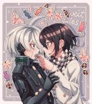  2boys absurdres ahoge android bangs black_hair blush brown_flower buttons candy_wrapper checkered checkered_neckwear checkered_scarf cheer_(cheerkitty14) commentary cookie danganronpa_(series) danganronpa_v3:_killing_harmony eye_contact eyebrows_visible_through_hair feeding flower food from_side grey_background grey_eyes grey_hair grey_jacket headphones heart-shaped_food highres jacket looking_at_another male_focus multiple_boys open_mouth ouma_kokichi outline power_armor scarf shiny shiny_hair short_hair white_background white_outline yaoi 