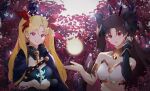  2girls bangs bare_shoulders black_hair blonde_hair breasts crown ereshkigal_(fate) fate/grand_order fate_(series) forest hair_ribbon highres ishtar_(fate) jewelry leaf long_hair looking_at_viewer maple_leaf multiple_girls nature necklace oni22 open_mouth red_eyes ribbon smile twintails upper_body 