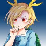  1girl antlers blonde_hair blue_background blue_shirt commentary_request dragon_horns fingernails gradient gradient_background hand_to_own_mouth hand_up horns kicchou_yachie pote_(ptkan) red_eyes sharp_fingernails shirt short_hair slit_pupils solo touhou turtle_shell upper_body 