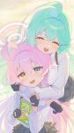  2girls ahoge aqua_hair black_gloves black_skirt blue_archive blue_eyes blush breasts collared_shirt fang fingerless_gloves gloves green_hair hair_between_eyes half-closed_eyes halo heterochromia highres holding holding_notebook hoshino_(blue_archive) hug hug_from_behind huge_ahoge large_breasts long_hair long_sleeves looking_at_viewer monemasu multiple_girls notebook open_mouth pink_hair pink_halo plaid_clothes plaid_skirt pleated_skirt shirt skin_fang skirt smile tearing_up tears white_shirt yellow_eyes yellow_halo yume_(blue_archive) 