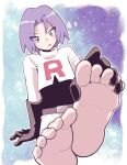  1boy barefoot feet foot_focus gloves green_eyes james_(pokemon) male_focus minashirazu pokemon pokemon_(anime) purple_hair worried 