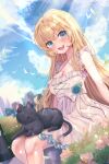  1girl :d animal animal_on_lap bangs black_cat blonde_hair blue_eyes blue_flower blue_rose blue_sky blush breasts cat cleavage cloud cloudy_sky commentary commission day dress eyebrows_visible_through_hair fang feet_out_of_frame flower frilled_dress frills hair_between_eyes highres leehwa long_hair looking_at_viewer medium_breasts open_mouth original outdoors pink_flower rose sky sleeveless sleeveless_dress smile solo very_long_hair white_dress 