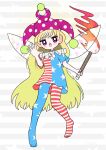  1girl american_flag_legwear american_flag_shirt bangs blonde_hair blue_pants blue_shirt blush clownpiece dotaku_(wran8845) eyebrows_visible_through_hair fairy_wings fire full_body grey_background hat highres jester_cap long_hair looking_at_viewer multicolored_clothes multicolored_pants multicolored_shirt no_shoes open_mouth pants pink_eyes pink_headwear polka_dot red_pants red_shirt shirt short_sleeves solo standing star_(symbol) star_print starry_background striped striped_background striped_pants striped_shirt torch touhou white_background white_pants white_shirt wings 