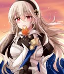  1girl armor armored_dress autumn autumn_leaves bangs black_dress black_gloves black_hairband blue_cape blush breastplate cape commentary_request corrin_(fire_emblem) corrin_(fire_emblem)_(female) dress eyebrows_visible_through_hair fire_emblem fire_emblem_fates gloves hair_between_eyes hairband holding holding_leaf juliet_sleeves kirishima_riona leaf long_hair long_sleeves looking_away open_mouth orange_sky outdoors pointy_ears puffy_sleeves red_eyes sidelocks silver_hair sky smile solo teeth upper_teeth 