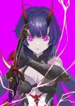  1girl absurdres bangs bare_shoulders black_gloves breasts cleavage drawing_sword electricity gloves hair_between_eyes highres holding holding_sword holding_weapon honkai_(series) honkai_impact_3rd horns johnny-chan katana long_hair looking_at_viewer open_mouth purple_background purple_eyes purple_hair raiden_mei raiden_mei_(herrscher_of_thunder) sheath simple_background solo sword unsheathing weapon 