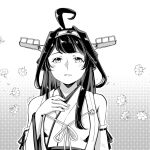  1girl ahoge detached_sleeves double_bun flower gradient gradient_background greyscale hairband hand_on_hip headgear japanese_clothes kantai_collection kongou_(kancolle) light_smile long_hair looking_at_viewer monochrome parted_lips ribbon-trimmed_sleeves ribbon_trim shirouri smile solo 
