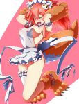  1girl animal_ear_fluff animal_ears animal_hands apron bell blush breasts cat_hair_ornament cat_paws closed_eyes collar eyebrows_visible_through_hair fangs fate/grand_order fate_(series) fox_ears fox_girl fox_tail frilled_apron frills gloves hair_ornament hair_ribbon hairclip highres jingle_bell large_breasts long_hair mrtakenoko naked_apron neck_bell nipples no_panties open_mouth paw_gloves paw_shoes pink_hair ponytail red_ribbon ribbon shoes sideboob solo tail tamamo_(fate) tamamo_cat_(fate) white_apron 