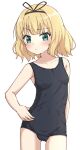  1girl bangs bare_arms bare_shoulders black_ribbon black_swimsuit blonde_hair blush breasts cameltoe closed_mouth collarbone commentary_request eyebrows_visible_through_hair gochuumon_wa_usagi_desu_ka? green_eyes hair_ribbon hand_on_hip highres hippo_(hirople) kirima_sharo looking_at_viewer old_school_swimsuit one-piece_swimsuit ribbon school_swimsuit simple_background small_breasts solo swimsuit white_background 