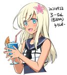  1girl artist_name black_neckerchief blonde_hair blue_eyes blue_sailor_collar commentary_request crop_top cup dated drink drinking_straw flower hair_flower hair_ornament holding holding_cup kantai_collection monsuu_(hoffman) neckerchief one-hour_drawing_challenge one-piece_tan ro-500_(kancolle) sailor_collar simple_background solo swimsuit swimsuit_under_clothes tan tanlines upper_body white_background 
