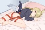  1girl aruma_(sawayaka_tokuko_miruku) ass barefoot bed_sheet black_shirt black_wings blonde_hair bottomless closed_mouth commentary_request feathered_wings feet green_eyes grey_wings half-closed_eyes heterochromia long_hair long_sleeves low_wings lying mini_wings on_stomach original pillow red_eyes red_ribbon ribbon shirt sleeves_past_wrists smile solo toes v wings 