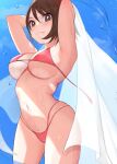  1girl armpits arms_up bangs bikini blue_sky blush breasts brown_eyes brown_hair closed_mouth commentary_request cowboy_shot day eyebrows_visible_through_hair gatchan gloria_(pokemon) highres holding holding_towel large_breasts navel outdoors pink_bikini pokemon pokemon_(game) pokemon_swsh revision short_hair sky smile solo stomach swimsuit thighs towel underboob wardrobe_malfunction water 