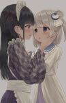  2girls animal_ears apron bear_ears black_hair blue_eyes blue_sailor_collar blush commentary_request dress eye_contact eyebrows_visible_through_hair face-to-face frilled_apron frills grey_background grey_hair hand_on_another&#039;s_face highres japanese_clothes kimono long_sleeves looking_at_another maid_headdress mimikaki_(men_bow) multiple_girls open_mouth original pleated_skirt print_kimono profile purple_skirt sailor_collar sailor_dress simple_background skirt two_side_up wa_maid white_apron white_dress wide_sleeves yagasuri yuri 