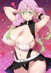  1girl armpits arms_behind_head black_skirt braid breasts commentary_request green_eyes green_hair heart highres huge_breasts joy_ride kanroji_mitsuri kimetsu_no_yaiba lips long_hair looking_at_viewer mole mole_under_eye multicolored_hair navel parted_lips pink_hair skirt smile solo thighs two-tone_hair 