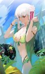  1girl absurdres bangs bikini bracelet breasts cleavage earrings eyebrows_visible_through_hair fate/grand_order fate_(series) flower green_bikini hair_flower hair_ornament highres jewelry kama_(fate) kama_(swimsuit_avenger)_(fate) long_hair looking_at_viewer red_eyes robe sleeveless smile solo swimsuit white_hair yorurokujuu 