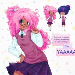  2000s_(style) 2girls alternate_hairstyle alternate_skin_color blue_eyes breasts chibi commentary cosplay crystal_prep_academy_school_uniform curly_hair dark-skinned_female dark_skin english_text glasses hair_bobbles hair_ornament hand_on_own_hip hashtag-only_commentary highres index_finger_raised jelly_(bonnybel) long_hair looking_at_viewer multiple_girls multiple_views my_little_pony my_little_pony:_equestria_girls my_little_pony:_friendship_is_magic personification pink_hair pinkie_pie pinkie_pie_(equestria_girls) plaid_clothes plaid_skirt ponytail school_uniform sci-twi sci-twi_(cosplay) skirt small_breasts speech_bubble sweater_vest the_lego_group the_lego_movie twilight_sparkle 