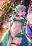  1girl animal_on_shoulder ass_visible_through_thighs beach bikini bird bird_on_shoulder braid breasts earrings fate/grand_order fate_(series) flower green_bikini hair_flower hair_ornament ikegami_akane jewelry kama_(fate) kama_(swimsuit_avenger)_(fate) navel palm_tree parrot pendant pout red_eyes silver_hair swimsuit thigh_strap tree twilight 