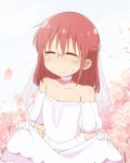  1girl bare_shoulders blush bridal_veil cherry_blossoms choker closed_eyes collarbone detached_sleeves dress frilled_choker frills glasses gloves kobayashi-san_chi_no_maidragon kobayashi_(maidragon) medium_hair motokazu_(dontokodon) petals red_hair skirt_hold smile solo sweatdrop veil wedding_dress white_dress white_gloves 