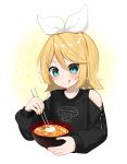  1girl :q bangs bare_shoulders black_shirt blonde_hair blue_eyes blush bowl chopsticks closed_mouth clothes_writing clothing_cutout commentary cropped_torso eyebrows_visible_through_hair food hair_between_eyes hair_ornament hair_ribbon hairclip highres holding holding_bowl holding_chopsticks kagamine_rin long_sleeves oyakodon_(food) puffy_long_sleeves puffy_sleeves reirou_(chokoonnpu) ribbon romaji_text shirt shoulder_cutout smile solo symbol-only_commentary tongue tongue_out translated upper_body vocaloid white_ribbon 
