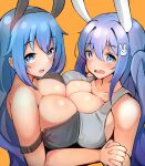  2girls :o animal_ears black_tank_top blue_eyes blue_hair blush breast_press breasts cleavage collarbone commentary eyebrows_visible_through_hair fake_animal_ears from_above grey_tank_top hair_behind_ear highres holding_hands indie_virtual_youtuber interlocked_fingers looking_at_viewer mely_(vtuber) multiple_girls off_shoulder open_mouth original rabbit_ears rabbit_girl sae_art surprised symmetrical_docking tank_top virtual_youtuber yellow_background 