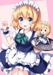  1girl alice_margatroid apron arm_up bangs black_eyes black_footwear blonde_hair blue_dress blue_eyes blush bow bowtie braid breasts collared_shirt cosplay doll dress eyebrows_visible_through_hair green_bow green_bowtie hair_between_eyes hair_bow hand_up hands_up highres izayoi_sakuya izayoi_sakuya_(cosplay) kneehighs knife long_hair looking_at_viewer looking_to_the_side maid maid_headdress medium_breasts one-hour_drawing_challenge pink_background puffy_short_sleeves puffy_sleeves ruu_(tksymkw) shanghai_doll shirt shoes short_hair short_sleeves smile solo standing touhou tray twin_braids weapon white_apron white_legwear white_shirt white_sleeves wrist_cuffs 