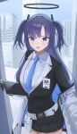  1girl absurdres black_gloves black_skirt black_vest blue_archive blue_eyes blue_hair blue_necktie breasts building collared_shirt commentary_request gangjeong gloves halo highres holding holding_tablet_pc indoors jacket jacket_partially_removed large_breasts long_hair looking_at_viewer mechanical_halo necktie open_mouth pleated_skirt shirt skirt solo tablet_pc two_side_up vest white_jacket white_shirt yuuka_(blue_archive) 