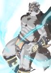  1boy abs absurdres ainu_clothes animal_ears bara bare_pectorals bulge chest_hair feet_out_of_frame fighting_stance frown furry furry_male glowing grey_hair headband highres horkeu_kamui ioenami large_pectorals large_tail male_focus muscular muscular_male navel nipples no_shirt pectorals pelvic_curtain revealing_clothes short_hair silver_hair simple_background snow solo stomach tail thick_thighs thighs tokyo_afterschool_summoners two-tone_fur white_background white_fur wind wolf_boy wolf_ears wolf_tail yellow_eyes 