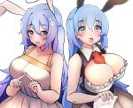  2girls animal_ears artist_name between_breasts black_shirt blue_eyes blue_hair blush breasts bunny_hair_ornament cleavage_cutout clothing_cutout collarbone collared_shirt commentary dress eyebrows_visible_through_hair grey_skirt hair_ornament holding holding_paper index_fingers_together indie_virtual_youtuber large_breasts long_hair looking_to_the_side mely_(vtuber) multiple_girls necktie necktie_between_breasts open_mouth original paper purple_eyes rabbit_ears rabbit_girl red_necktie sae_art shirt side_ponytail skirt suspenders symbol-only_commentary twitter_username virtual_youtuber white_background white_dress 
