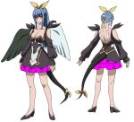  1girl angel_wings asymmetrical_wings black_dress blue_hair breasts character_sheet cleavage detached_sleeves dizzy_(guilty_gear) dress feathered_wings guilty_gear guilty_gear_vastedge_xt hair_ribbon high_heels large_breasts long_hair official_art ponytail red_eyes ribbon tail tail_ornament tail_ribbon wings yellow_ribbon 